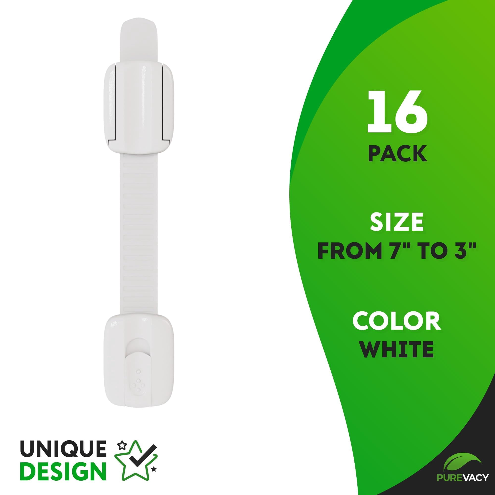 PUREVACY Child Safety Strap Locks 7.5 Inch. 16 Pack White Plastic Child Safety Cabinet Locks. Adjustable Child Locks for Cabinets No Drilling. Self-Adhesive Drawer Locks for Furniture, Kitchen, Toilet
