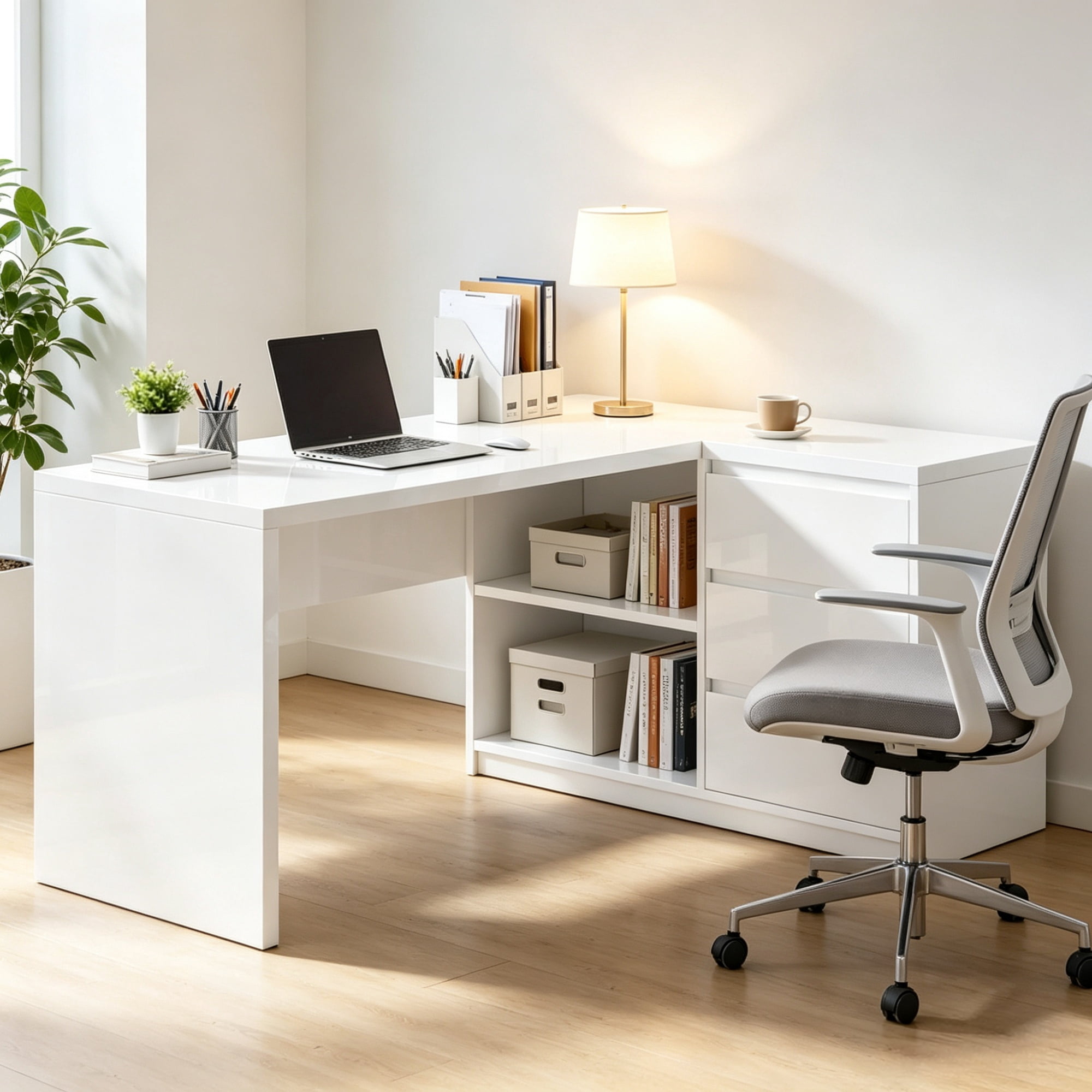 55" L-Shaped Computer Desk with LED Lights, 3 Drawers, White
