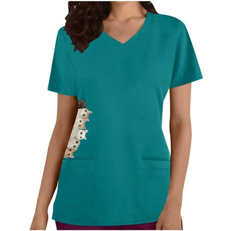 

Womens Scrub Tops Cute Cat Print Short Sleeve V-Neck Uniform Fashion Workwear T-Shirt Nurses Tops with Pockets
