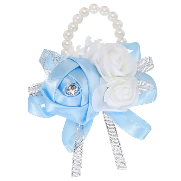 Pulseras de flores artificiales para muñeca, pulseras de rosa para novios, decoración para ceremonia de boda y baile de graduación, azul cielo