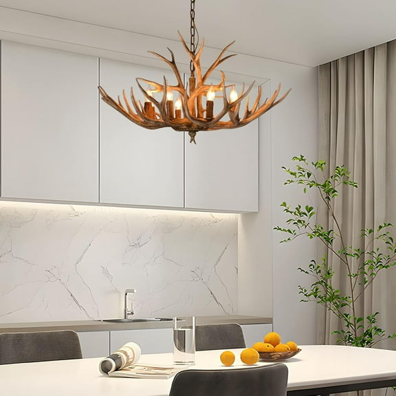 Miumaeov Resin Antler Chandelier 6 Light Deer Horn Chandelier Vintage Style Antler Lamp for Kitchen Dining Room Living Room Bedroom Bar Cafe Cabin Light, Rustic Brown