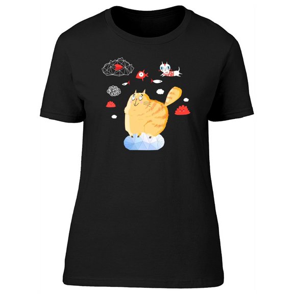 Orange Cat Doodle Looking Up T-Shirt Women -Image by Shutterstock, Female x-Large