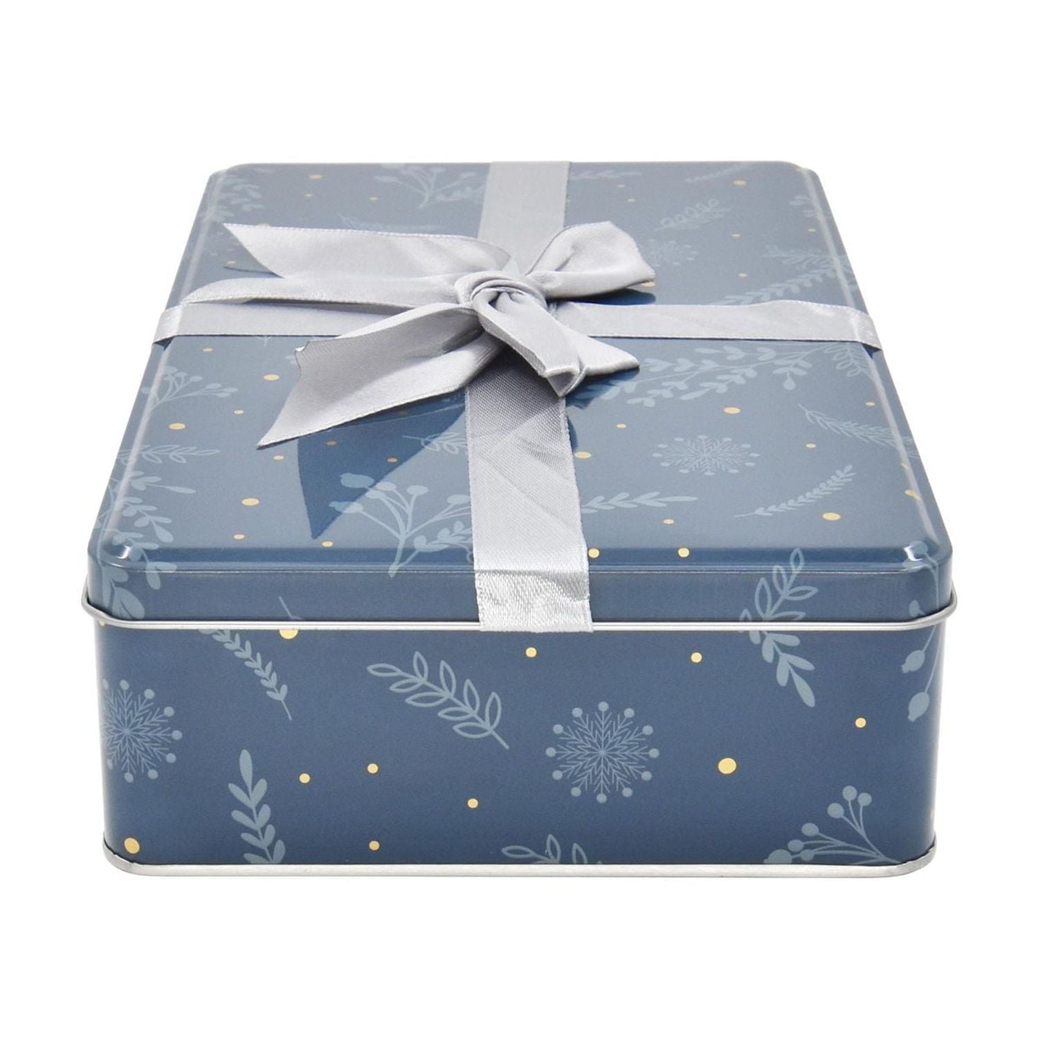 Holiday Time Christmas Blue Botanical Bow Rectangular Tin Gift Container Large, 10.2 x 6.3 x 2.5 inches, 1 count