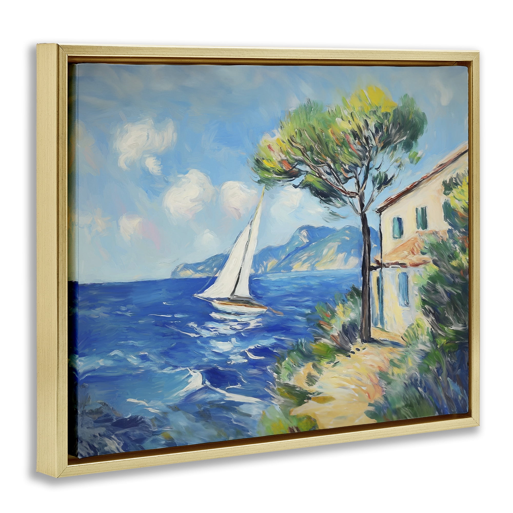 Stupell Industries Sailboat & Beach Villa Coastal Painting Gold Floater Framed Canvas Art Print Wall Art, 31 x 25