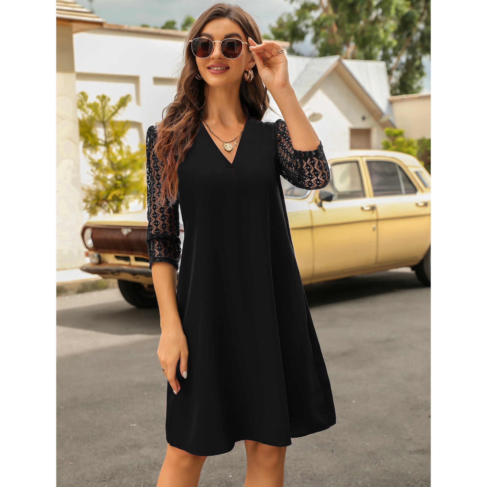 Women's Lightweight Tunic Dress 3/4 Sleeve Shift Dress Casual Loose Office  Dresses Black 2XL - Walmart.com