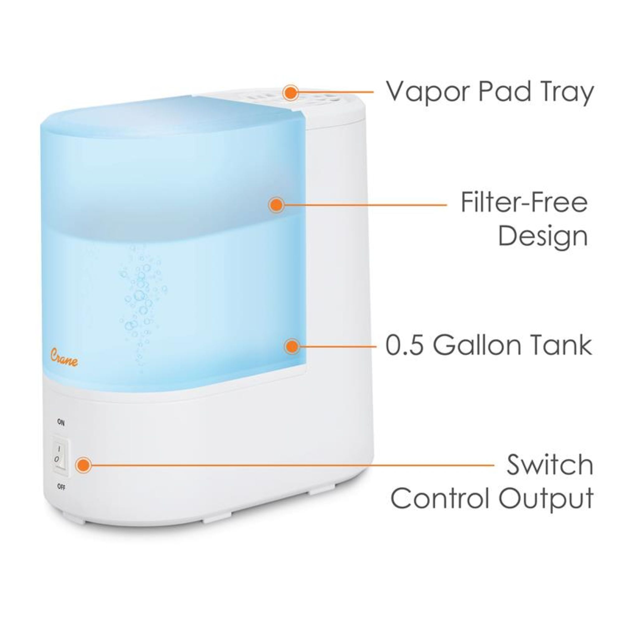 Crane Warm Mist Humidifier, 0.5 Gallon Tank, Steam Treatment with Vapor Pad Tray, Auto Shut-Off, Filter-Free, Quiet for Bedroom & Home