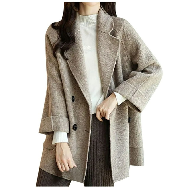 Plus Size Woolen Coat for Women Herringbone Pattern Loose Slim Versatile Fashion Outerwear Winter Warm Long Coat