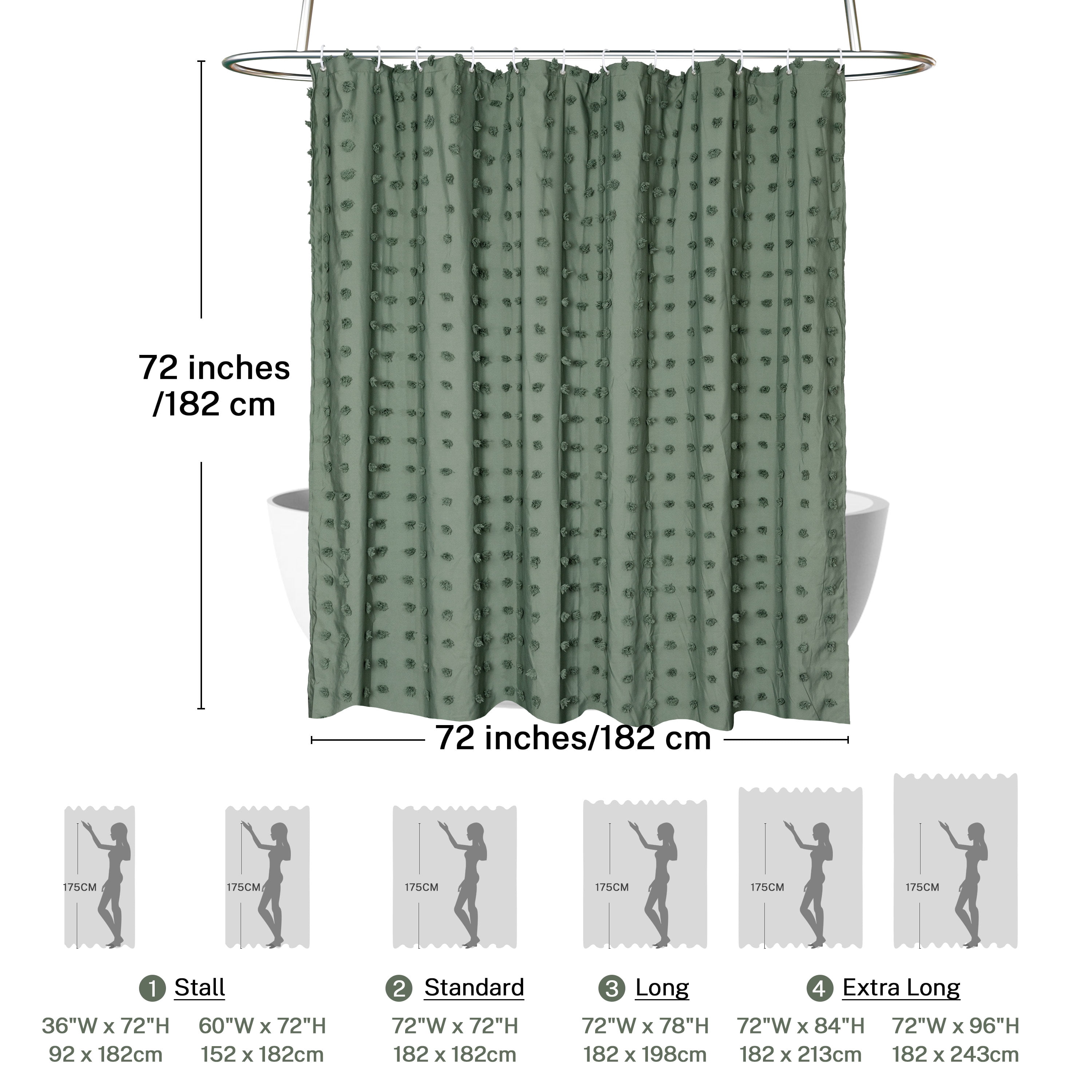 Siiluminisoy Dark Green Boho Farmhouse Shower Curtain for bathroom, 72 x 72 Tufted Pleat Floral Puffs Textured Modern Minimalist Shower Curtain Set with Hooks