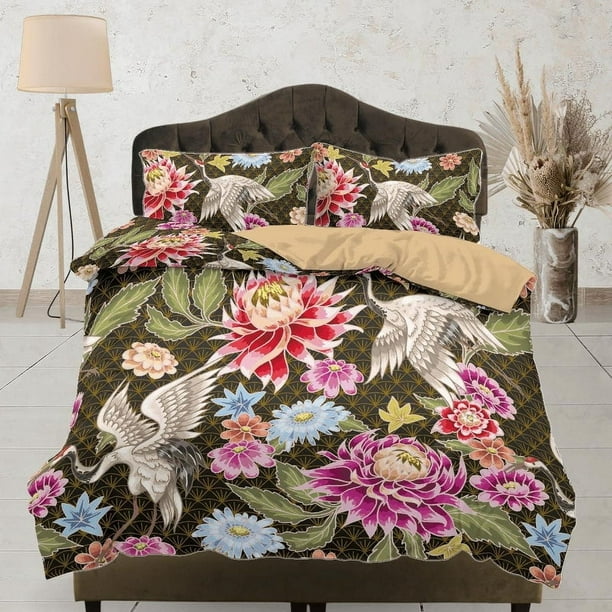 Vintage Floral Juego de Funda Nórdica | Arte Japonés Juego de Cama con Funda de Almohada