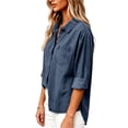 thumbnail image 5 of Tqyyweavej Women Denim Shirts Button Down Loose Fit Long Sleeve Jacket Lounge Solid Color Lapel V Neck Jean Tops with Pockets, 5 of 9