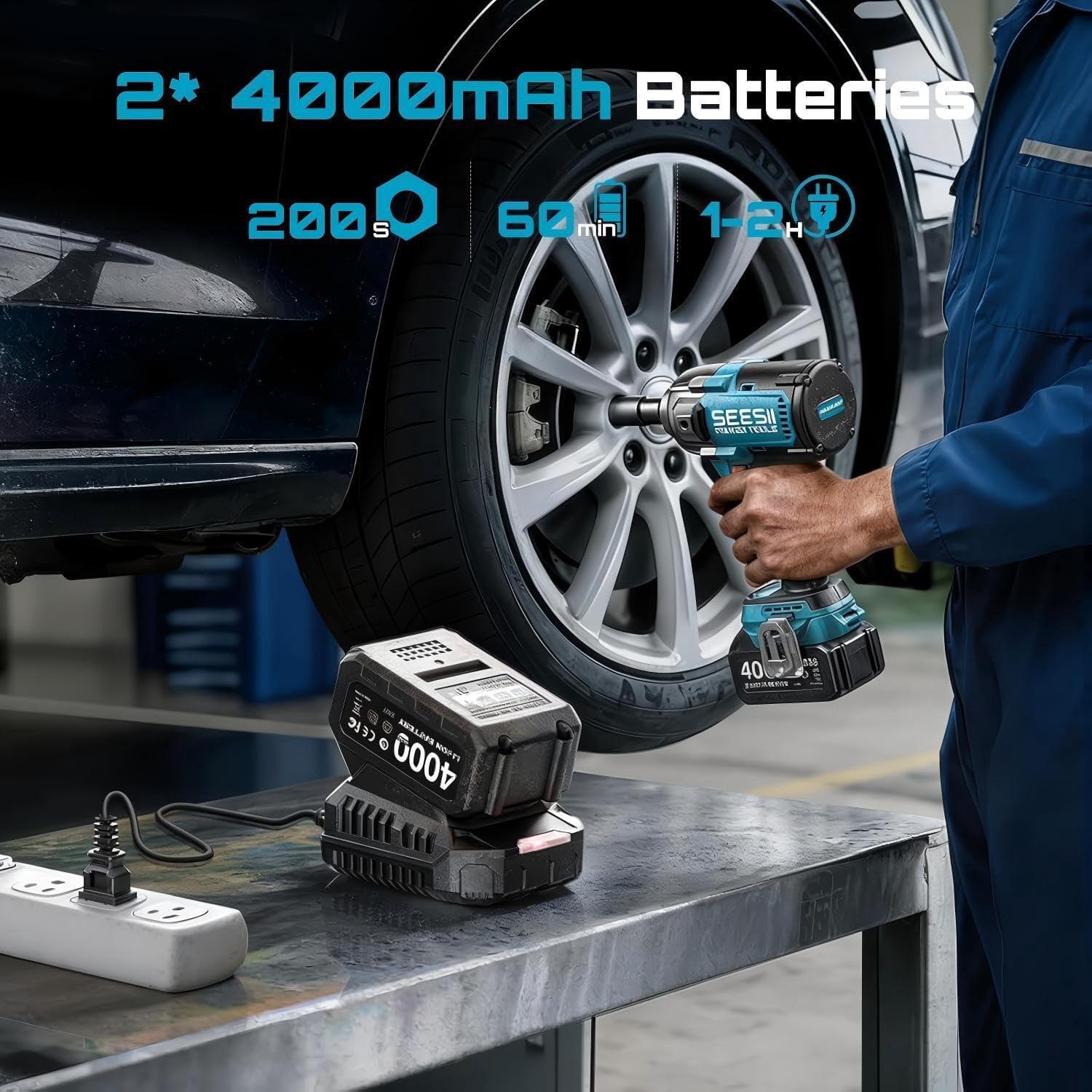 Seesii Brushless Cordless Impact Wrench 885Ft-lbs (1200N·m) 1/2" Impact Gun with Auxiliary Handle, 21V High Torque Power Impact Driver 2x 4.0Ah Battery