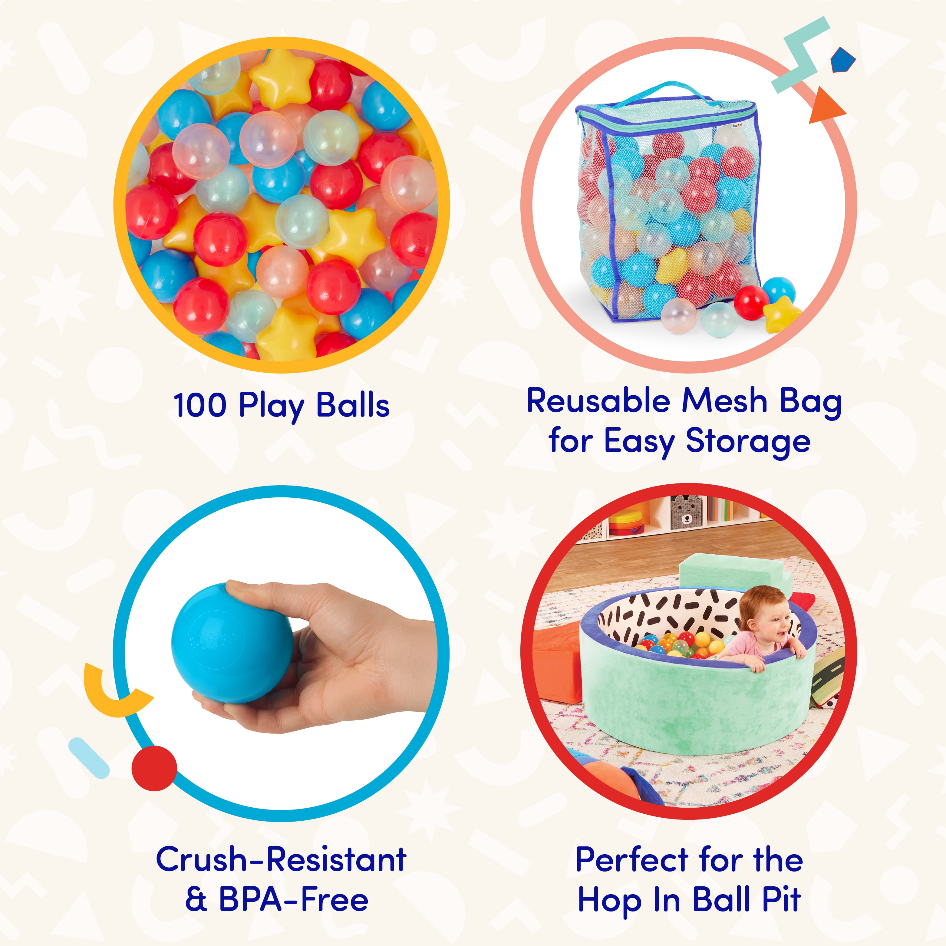 Battat Bag of Balls 100 Plastic Multicolor Play Balls for Ball Pit & Reusable Storage Bag for 12 Months +
