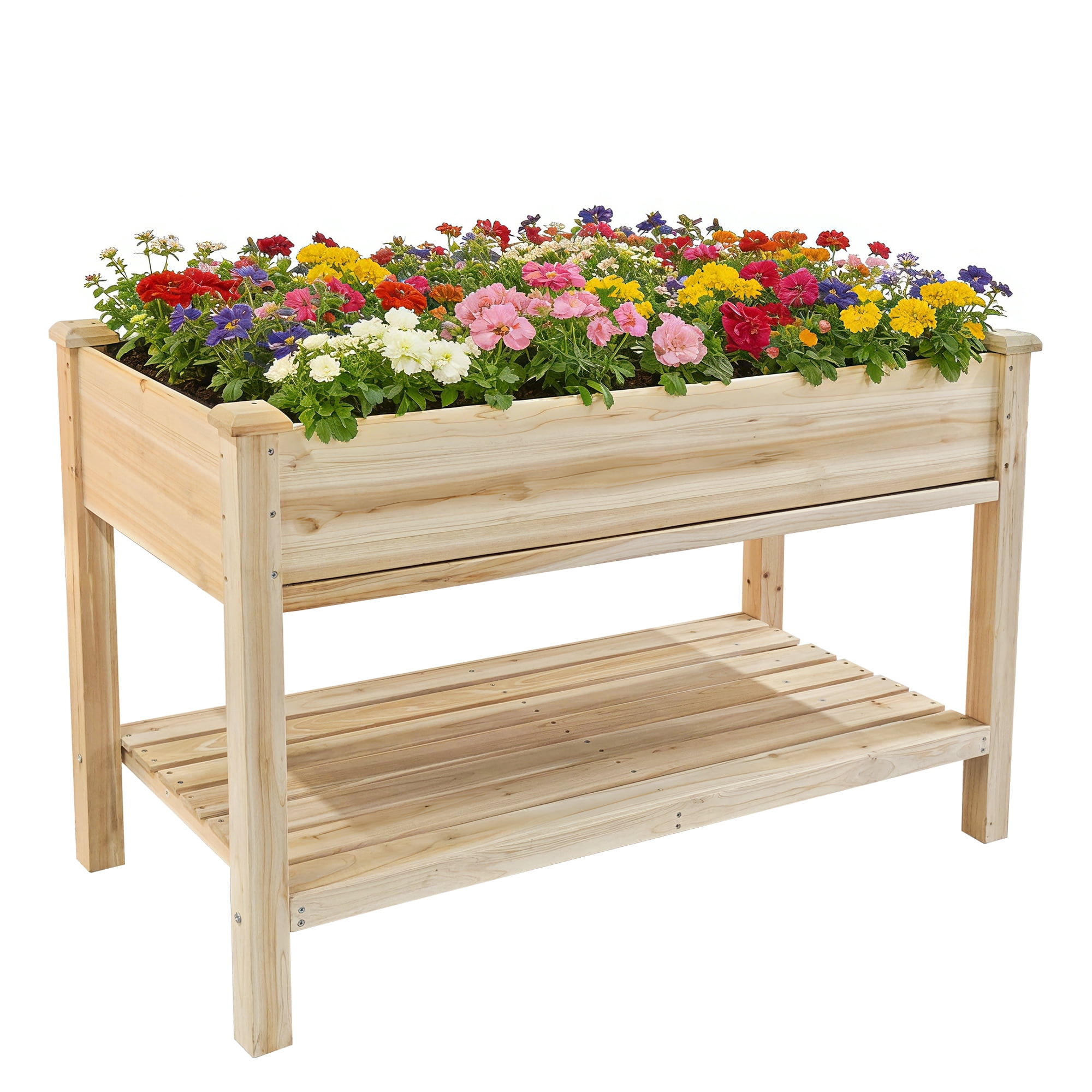Raised Garden Bed 48x23x31.1 Inch, Elevated Wood Planter with Water Collection Tray & Storage Shelf, Outdoor Garden Box for Vegetables, Herbs, Flowers, Natural