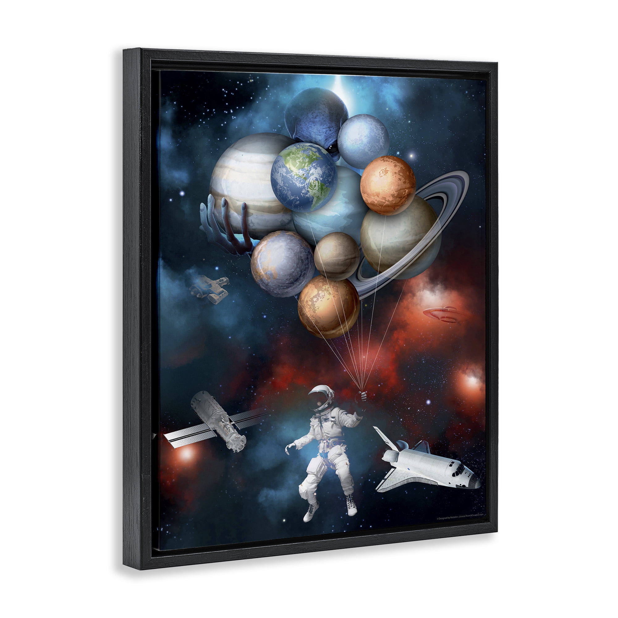 Stupell Industries Planet Balloons in Space Astrology & Stars Painting Black Floater Framed Canvas Art Print Wall Art, 17 x 21