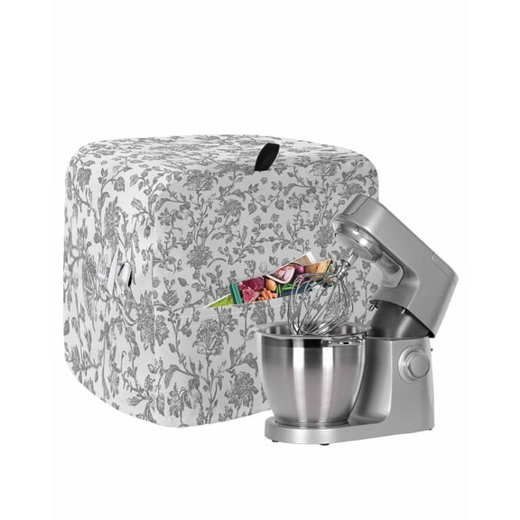 Grey Flower Stand Mixer Dust Cover with Storage Pocket & Handles, Vintage Farmhouse Boho Leaf Spring Plant Fits All Tilt Head & Bowl Lift Kitchen Appliance Cover Organizer Bag Accessories, 6-8 Quart