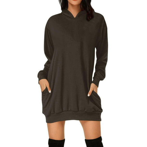 Vestido largo informal con capucha y manga larga para mujer: color liso, poliéster elástico, estilo boho playero, para combinar en otoño e invierno