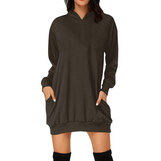 Ladies Casual Loose Long Sleeved Hooded Solid Color Dress