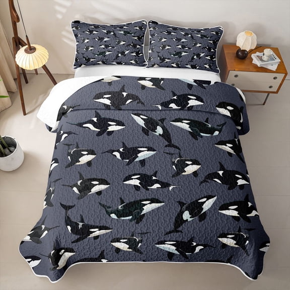 Manfei Cartoon Orca Dark Gray Twin Quilt Set for Boys and Girls, Nautical Marine Print Twin Coverlet Set, 2pcs