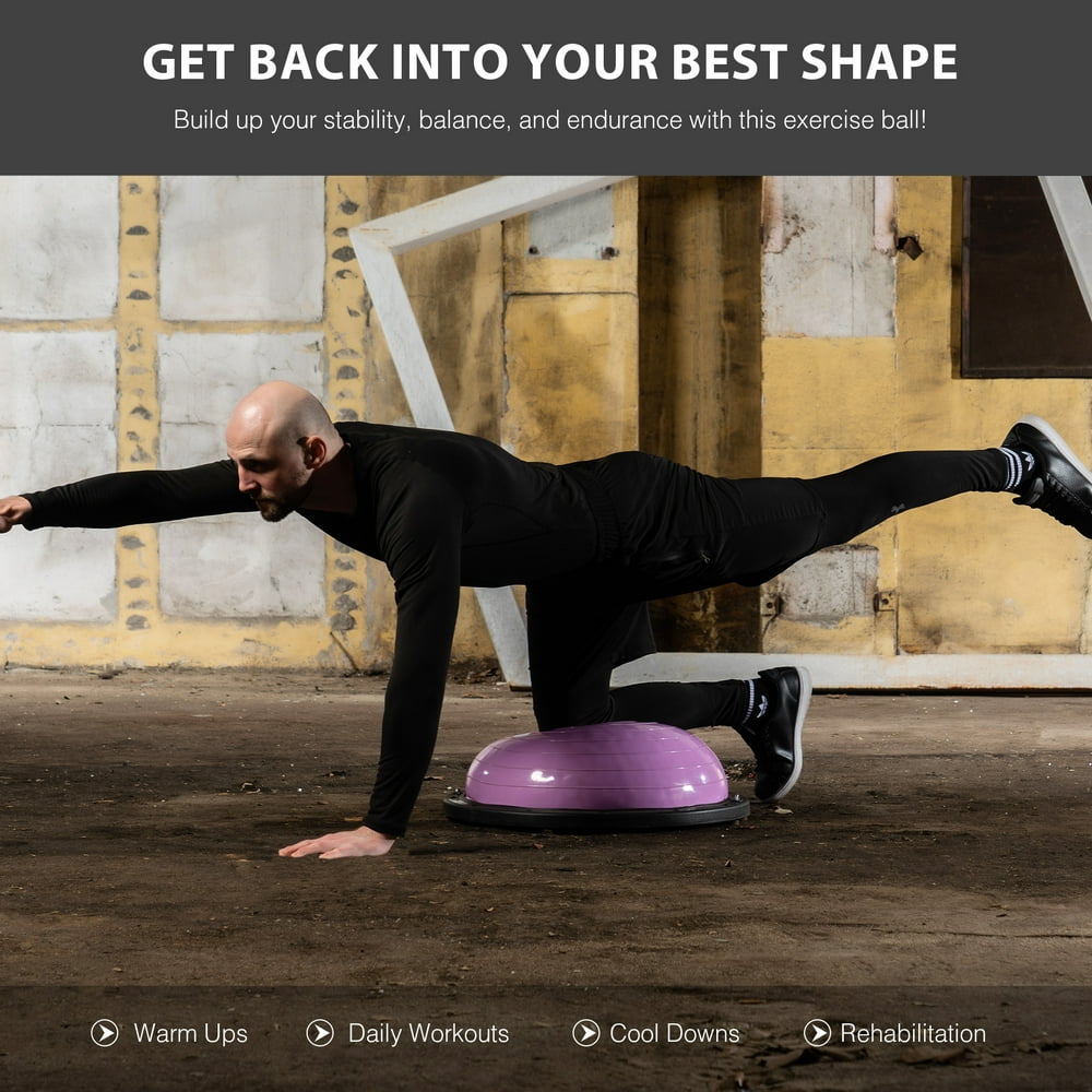 23" Self Inflating Balance Ball Half Yoga Ball Trainer, Resistance Bands, Hot Pink 23" Self