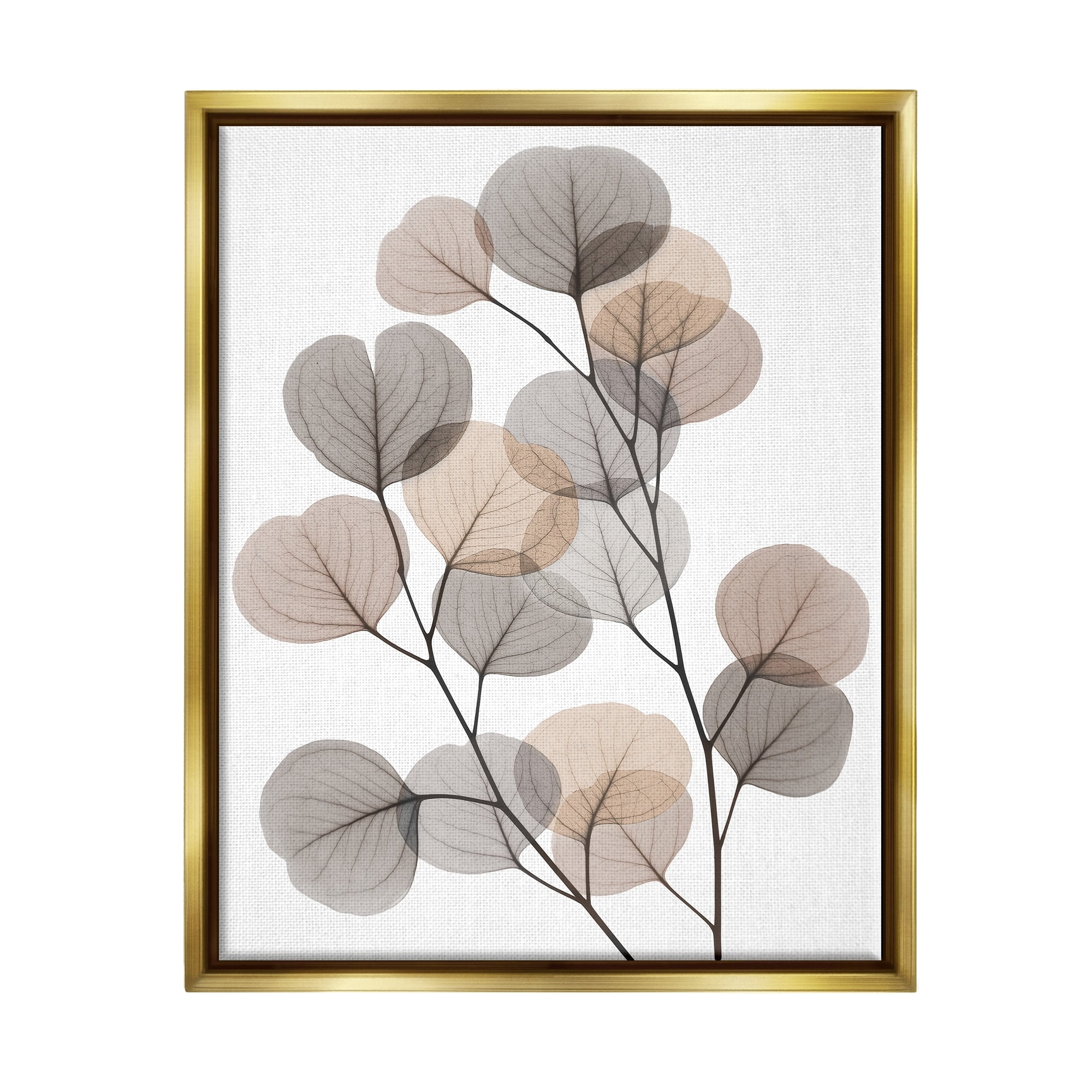 Stupell Industries Modern Eucalyptus Leaf Stems Translucent Brown Grey Leaves Metallic Gold Framed Floating Canvas Wall Art, 24x30, by Albert Koetsier