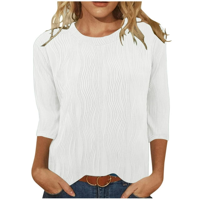 FAIWAD Hauts Texturés pour Femmes Été Chemises à Manches 3/4 Blouse Décontractée à Col Ras du Cou T-Shirts Basiques de Couleur Unie