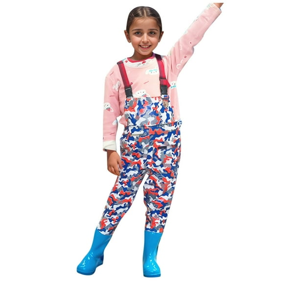 TIWEKE Kids Rain Pants for Playground,Kids Boys Girls Cartoon Camo Chest Waders Youth Fishing Waders for Toddler Children Water Proof & Fishing Waders with Boots (Pink,11-12 Years)