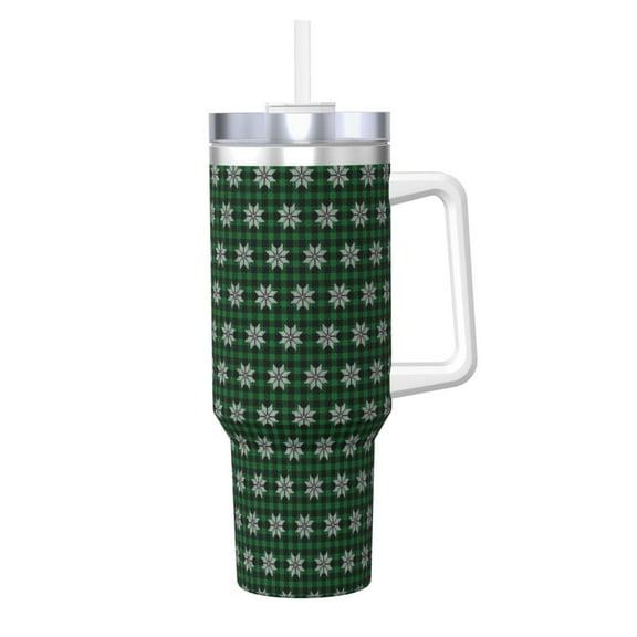 Qokaie Green Buffalo Plaid Merry Christmas Printed Insulated Stainless Steel Hot/Cold Coffee Cup 40oz Ice Bully With Handle Car Cup Holder Mug