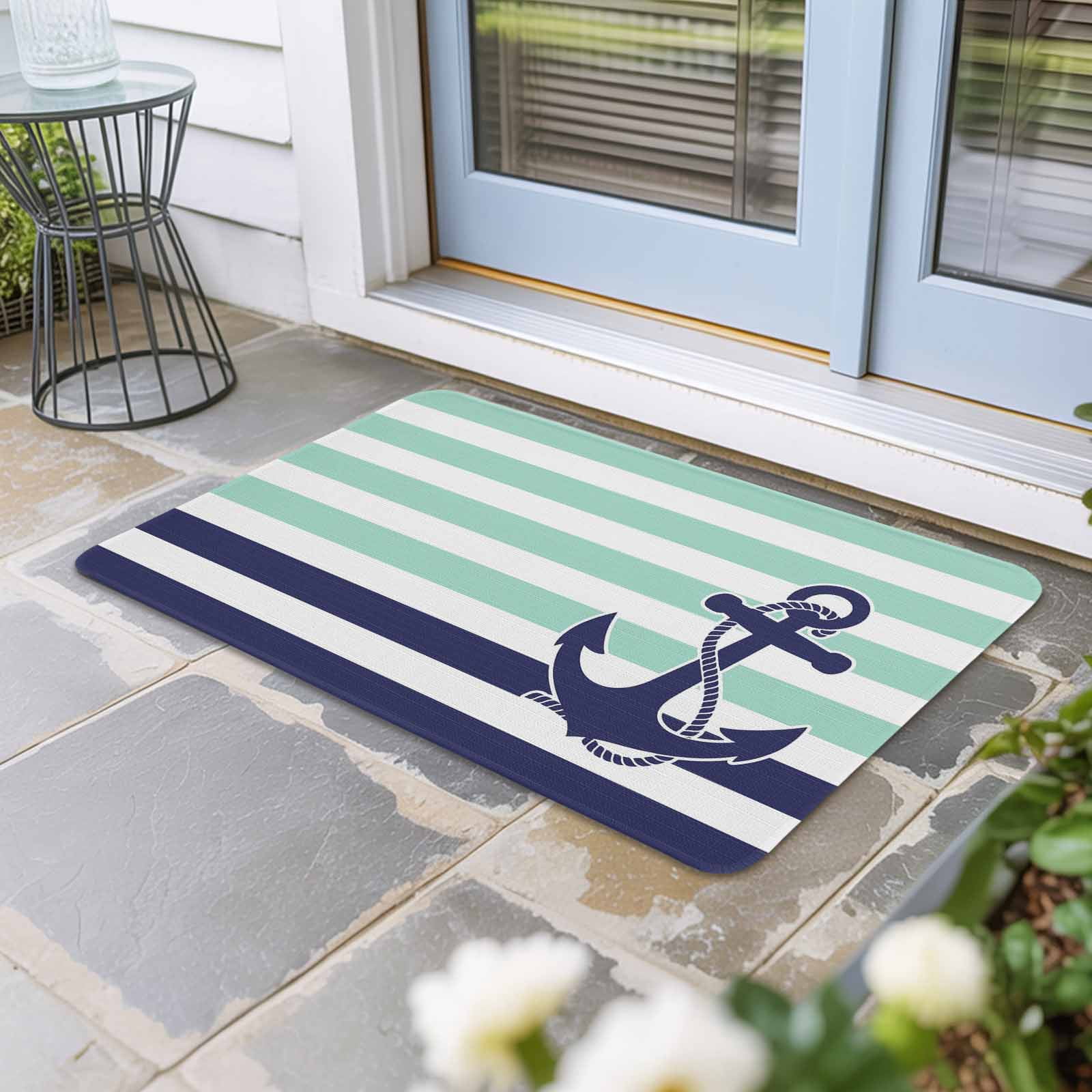 Anchor Aqua Doormat Outdoor Entrance 16"x24", Modern Navy Blue White Striped Nautical Absorb Moisture Dirt Door Mats, Non-Slip Rubber Backing Floor Mats Indoor, Low-Profile Front Door Rugs