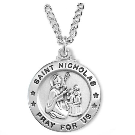 Extel Large Sterling Silver Round St. Nicholas Medal Pendant, Patron Saint of Children for Men Women with 24" chain