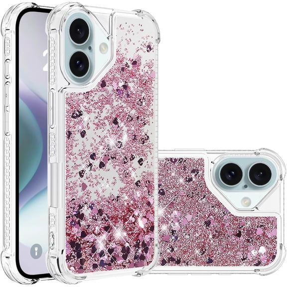 KOMI Compatible with iPhone 16 Pro 2024 Glitter Case Clear Flowing Liquid Quicksand Case Girly Women Sparkly Bling Soft TPU Protective Bumper Case for iPhone 16 Pro 6.3 inch. YBL Love Pink
