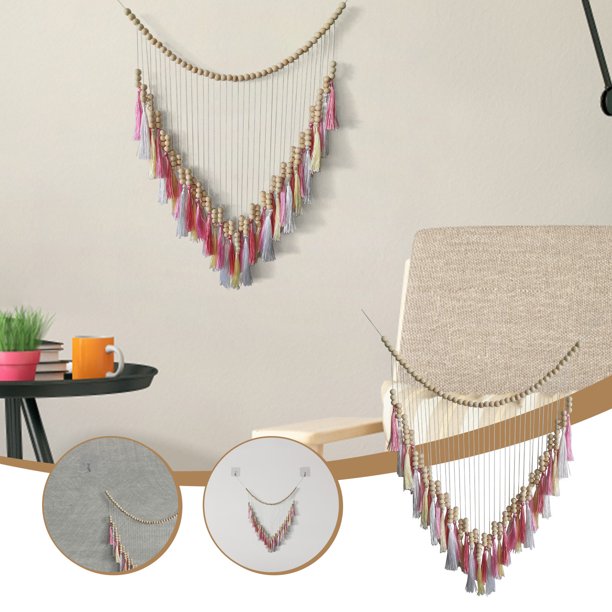 Teissuly Charming Microwave Boho Wall Decor Boho Nursery Decor - Large Wall Hanging Wooden Bead Tassel Pendant - Family Apartment Boho Decor Teissuly WER202312138123