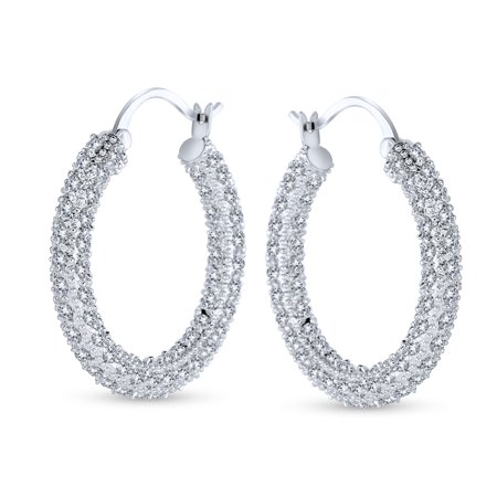 Bling Jewelry Bridal Pave CZ Encrusted Prom Statement Hoop Earring Silver Plated