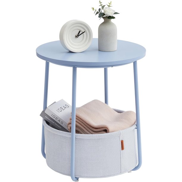 Mesa Lateral Redonda con Cesta de Tela, Mesita de Noche, Estilo Moderno, Estructura Resistente, Blanco Crema MLET223K67