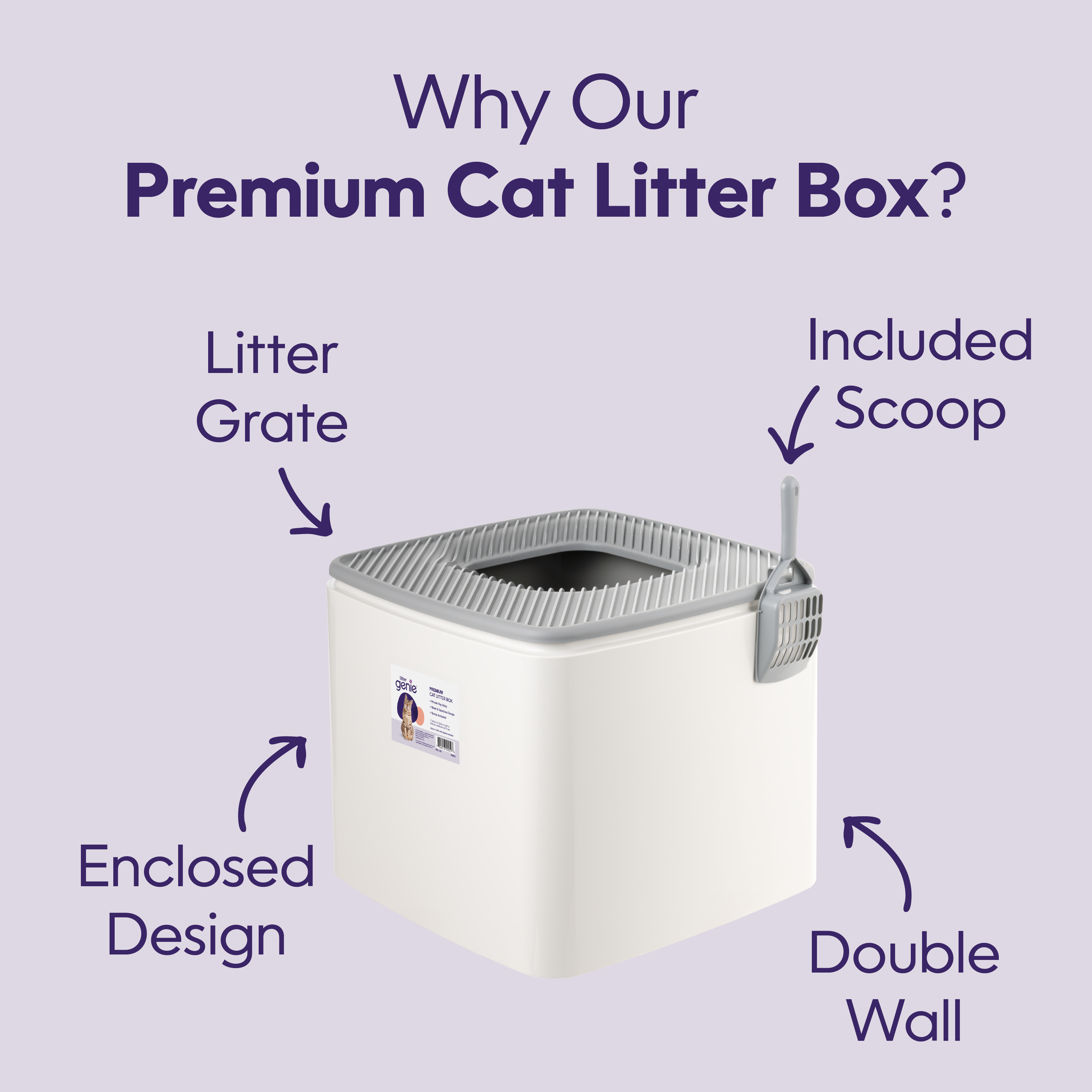 Litter Genie Premium Top Entry Cat Litter Box with Scoop, Square Enclosure for Cat