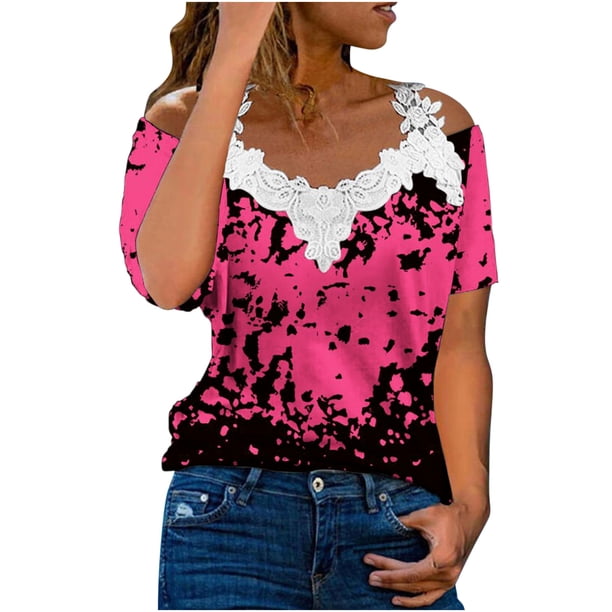 Blusa informal de manga corta con cuello en V y encaje con hombros descubiertos para mujer OAVQHLG3B Store lin121212