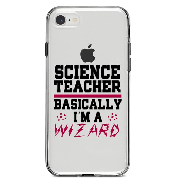 DistinctInk Clear Shockproof Hybrid Case for iPhone 7 8 SE (2020 Model) 4.7" Screen TPU Bumper Acrylic Back Tempered Glass Screen Protector - Science Teacher Basically I'm a Wizard