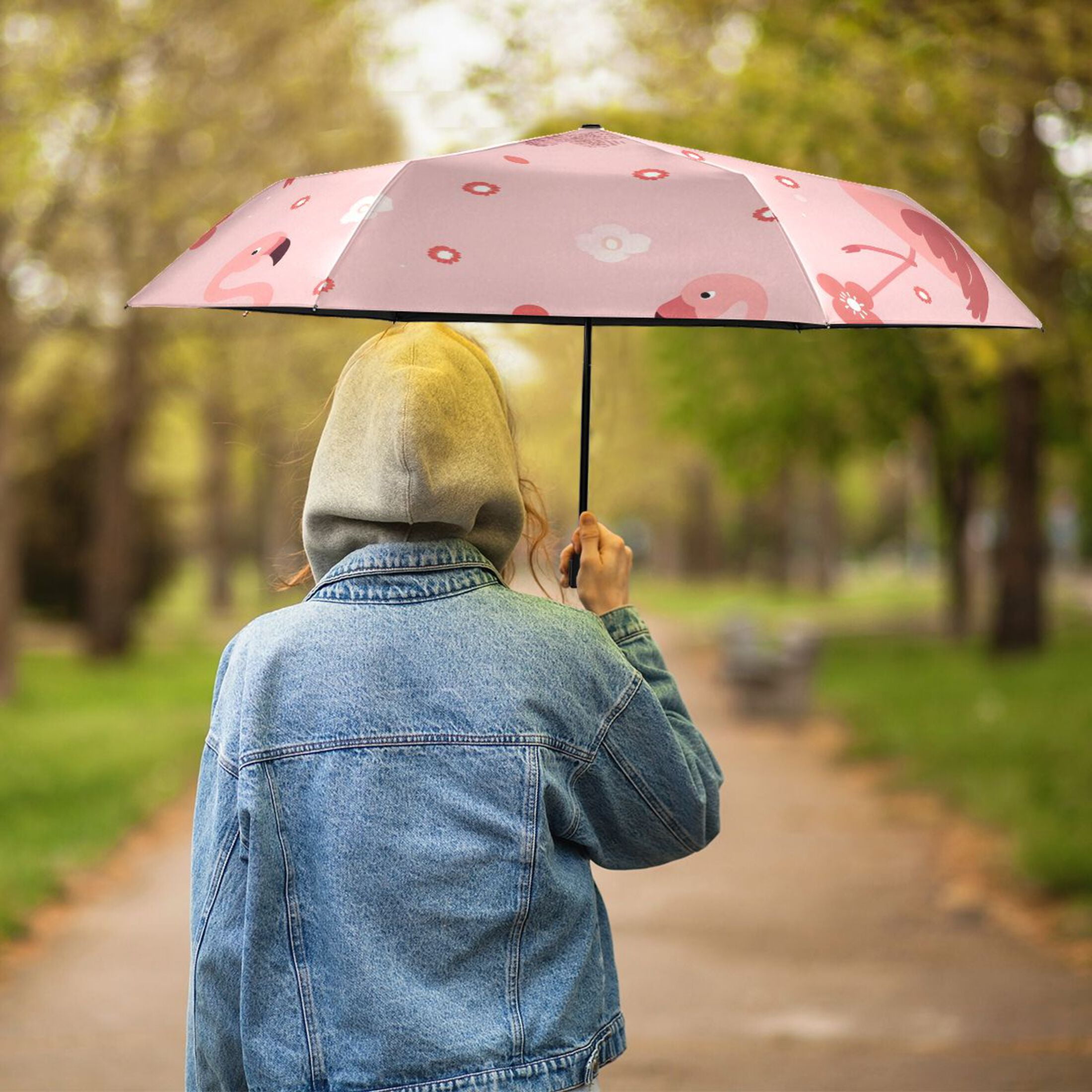 Flamingos and Flowers All Weather Umbrella Triple Folding Parasol 6 Ribs UV Protection Portable
