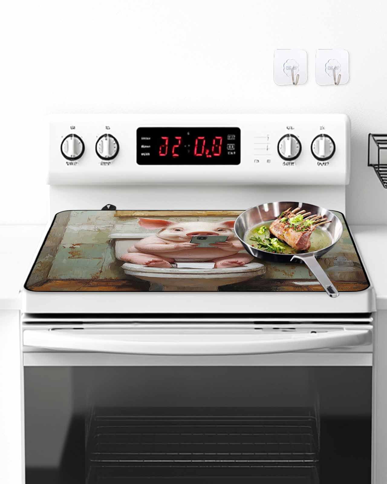 Stove Top Covers for Electric Stove, Bathroom Pig Glass Stovetop Cover Protector, Toilet Animals Vintage Induction Cooktop Protector Oven Mat for Kitchen Countertop 24"x21"