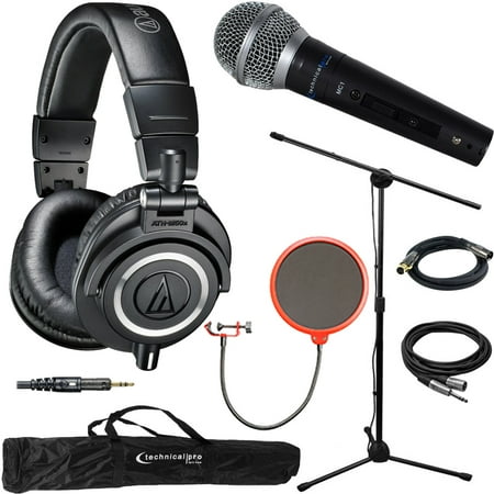 Pro Co Ameriquad Microphone Cable - Audio-Technica ATH-M50X Professional Studio Headphones (Black) & Technical Pro Microphone Bundle includes Headphones, Microphone, Stand, Holder, XLR Cables, Case and Wind Screen