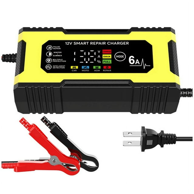 12V 6A Smart Repair Charger Pulse Repair LED Display Smart Fast Charge Lead-Acid Charger for Car Auto US Plug,1 * Car Battery Charger,Yellow&Black