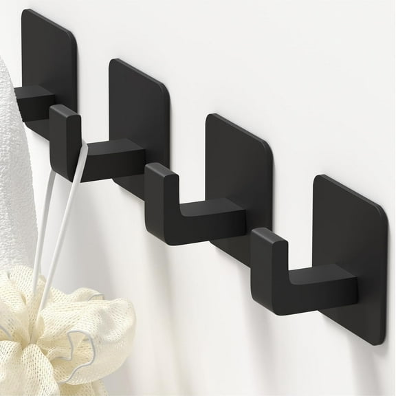 4 Pack Square Self Adhesive Towel Hooks - Matte Black Wall Hooks, Modern Hooks for Bathrooms