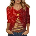 thumbnail image 2 of HOMBOM Vintage Tops for Women Red Christmas Comfy V Neck Merry and Bright 3/4 Sleeve Females Tee Shirts, 2 of 5