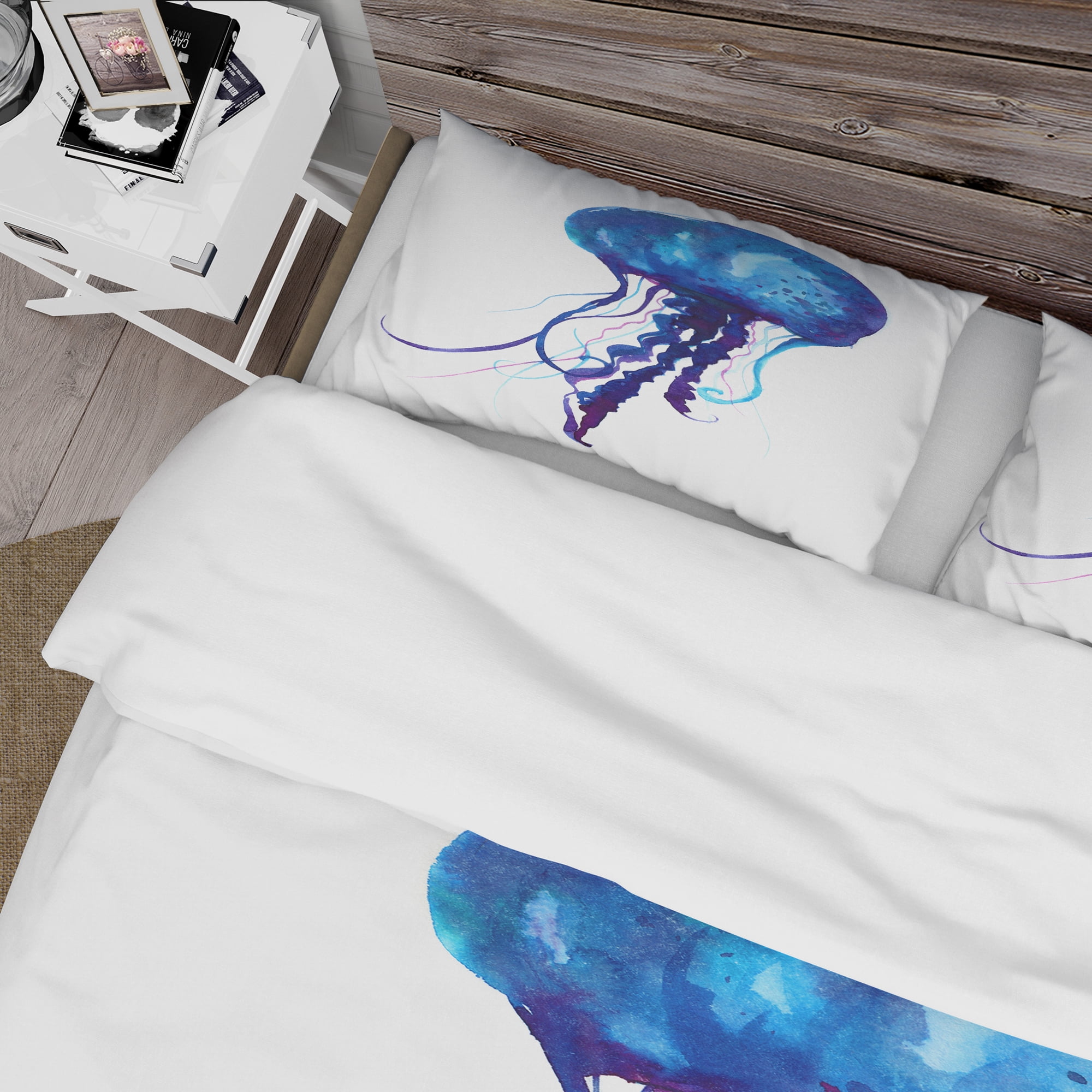 Designart 'Dark Blue Jellyfish Watercolor' Animal Duvet Cover Set