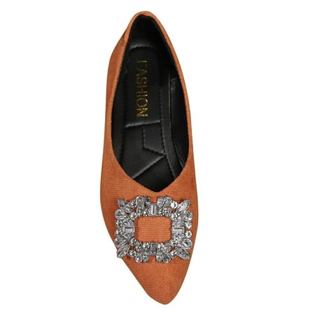 hopeusnice Clearance Women s Rhinestone Buckle Pointed Toe Flats Slip On Shoes Comfortable Low Heel Ballerinas Elegant Wedding Party Dress Shoes Orange 39
