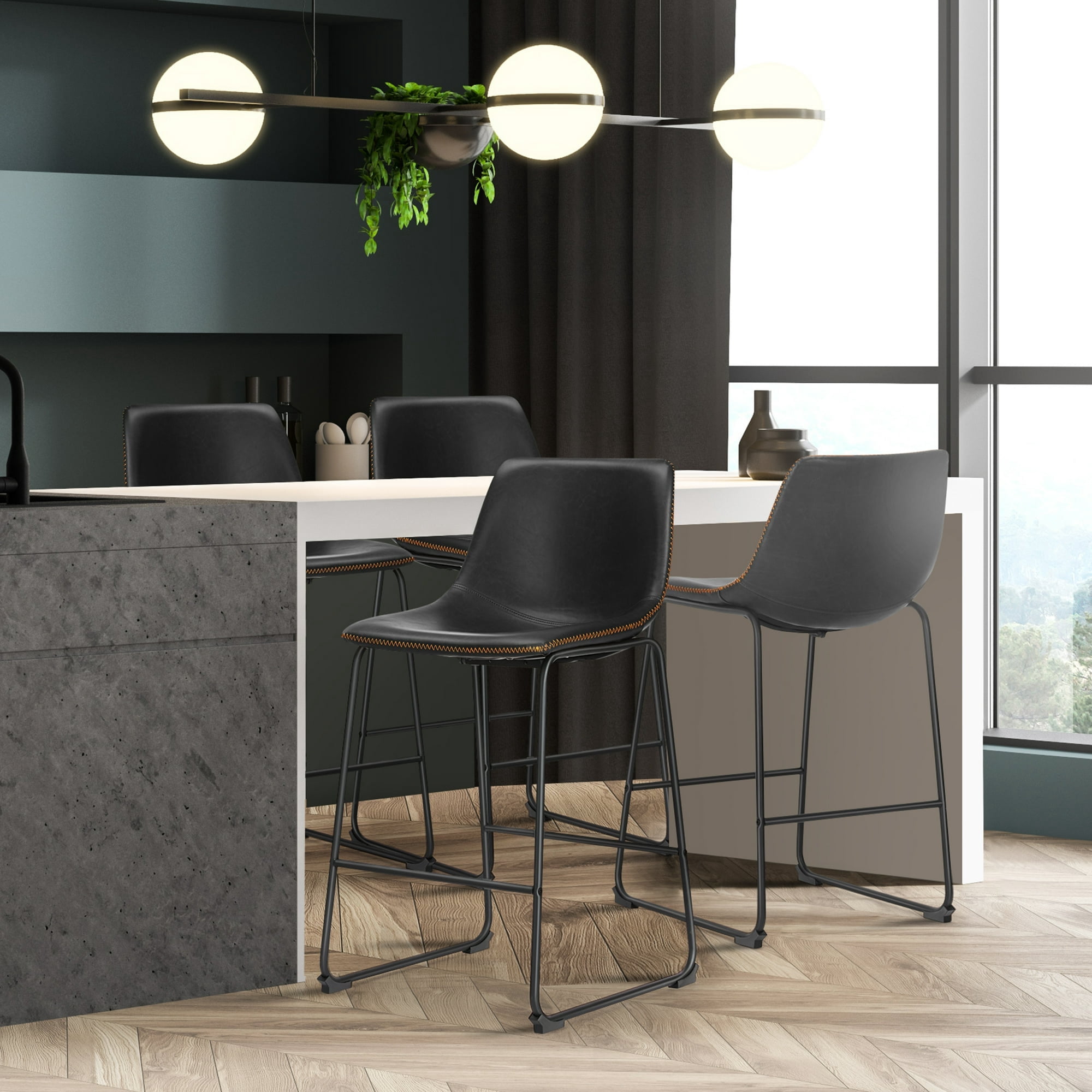 MCQ Counter Height Bar Stools Set of 2, Faux Leather 26 inch High Barstools with Back and Metal Leg, for Home Kitchen Office, Black