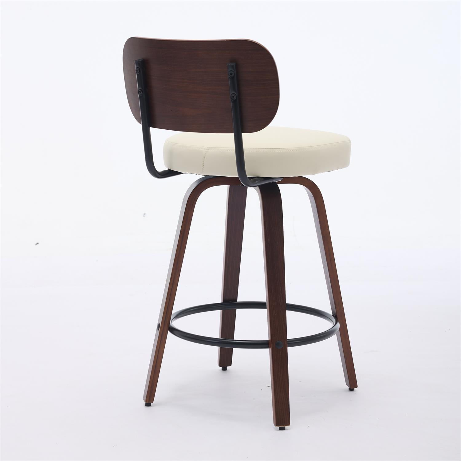 Demi Bonn 35" Swivel Bar Stools Set of 2 with Upholstered Faux Leather， Walnut Back & Bentwood Legs, Counter Height Stools for Kitchen or Bar Seating, Beige