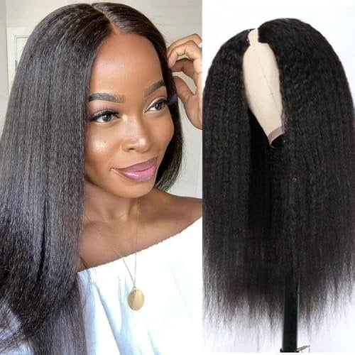 Yaki Straight U Part Wig Soft Synthetic Hair Like Real Human Hair Wear And Go Glueless Wig Italian Yaki V Part Half Wigs for Black Women ( Black, 20 Inch)