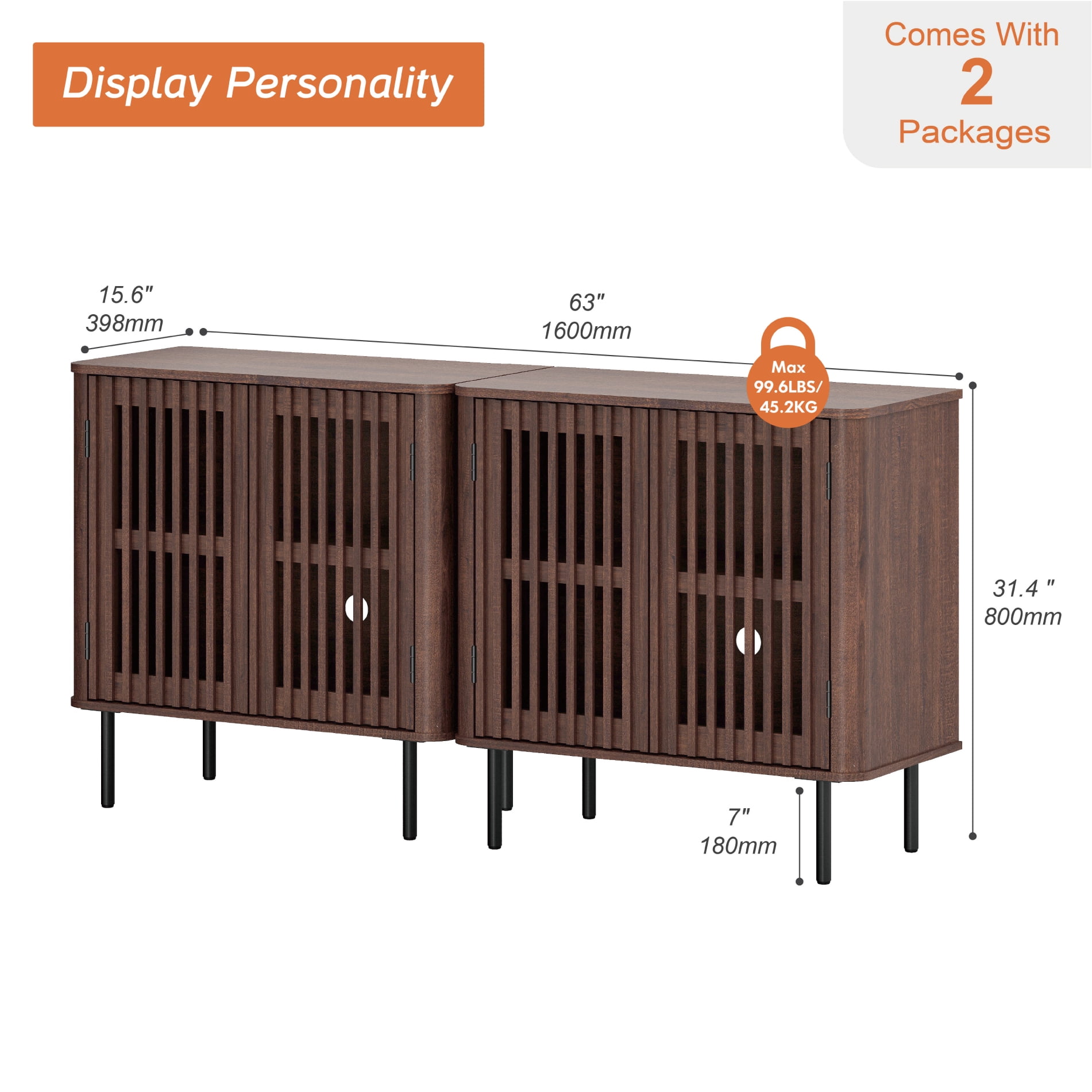63" Mid Century Modern Sideboard Buffet Cabinet with Storage,Fluted Sideboard Cabinet with Adjustable Shelf, Walnut
