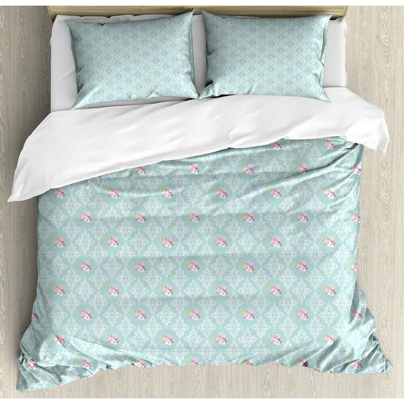 Damask Duvet Cover Set, Flowers in Pastel Colors Intricate Ornaments Pattern, Decorative 3 Piece Bedding Set with 2 Pillow Shams, Calking Size, Blue Grey Multicolor, by Ambesonne