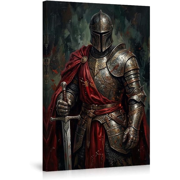Medieval Armored Knight Canvas Wall Art Painting Epic Fantasy Warrior Picture Dark Helmet Red Cape Sword Artwork for Living Room Bedroom Home Office Decor Inspirational